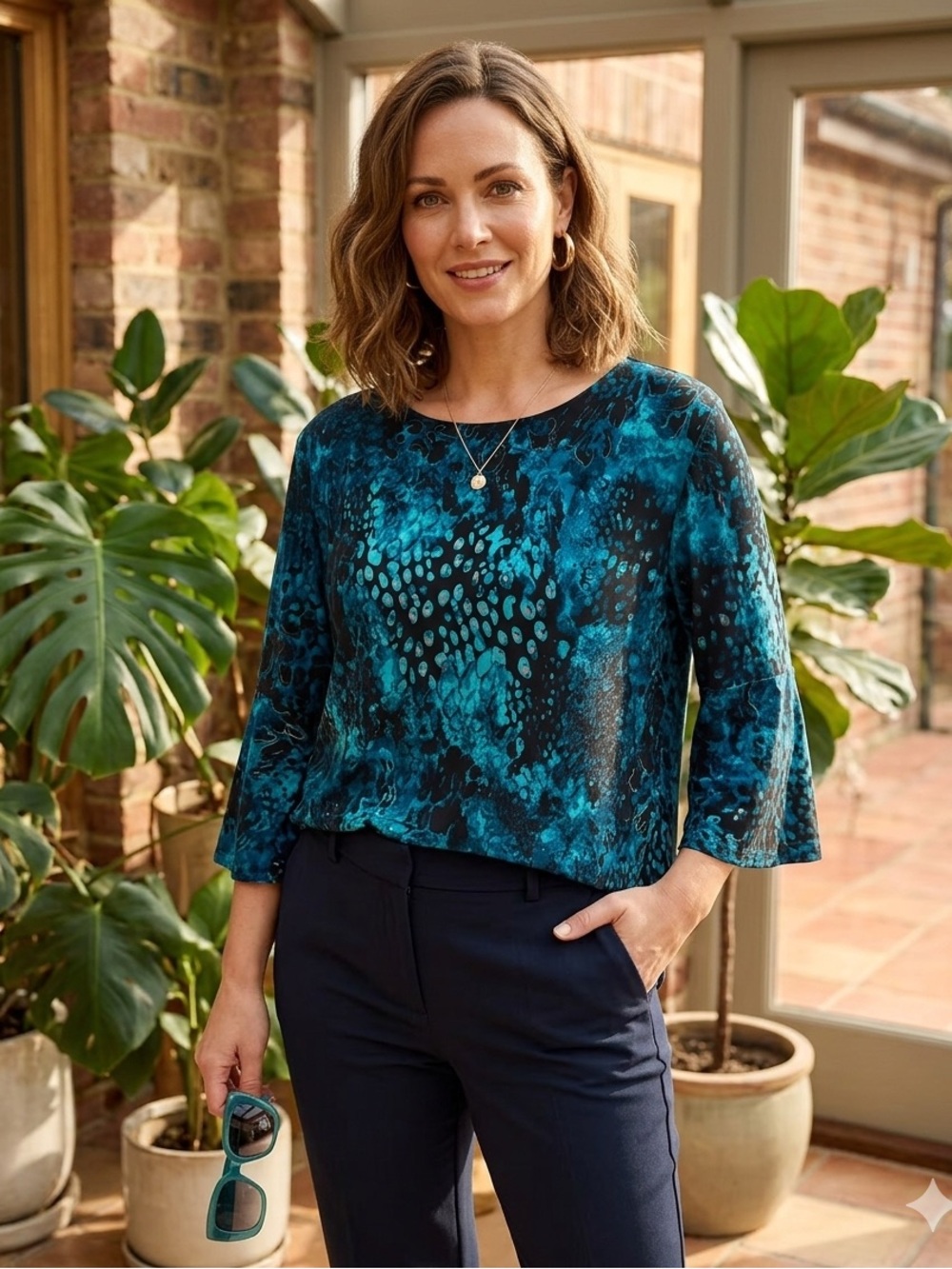 Kasper Teal and Black Abstract Print Boatneck Blouse